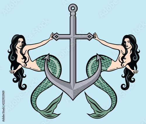 Pair of beautiful mermaids with long hair on the background of the anchor