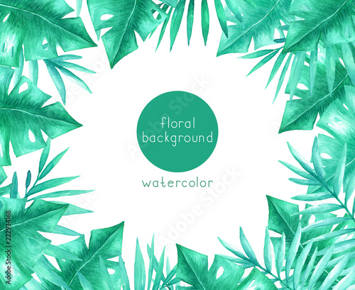 Watercolor background with tropical leaves and branches on a white background.