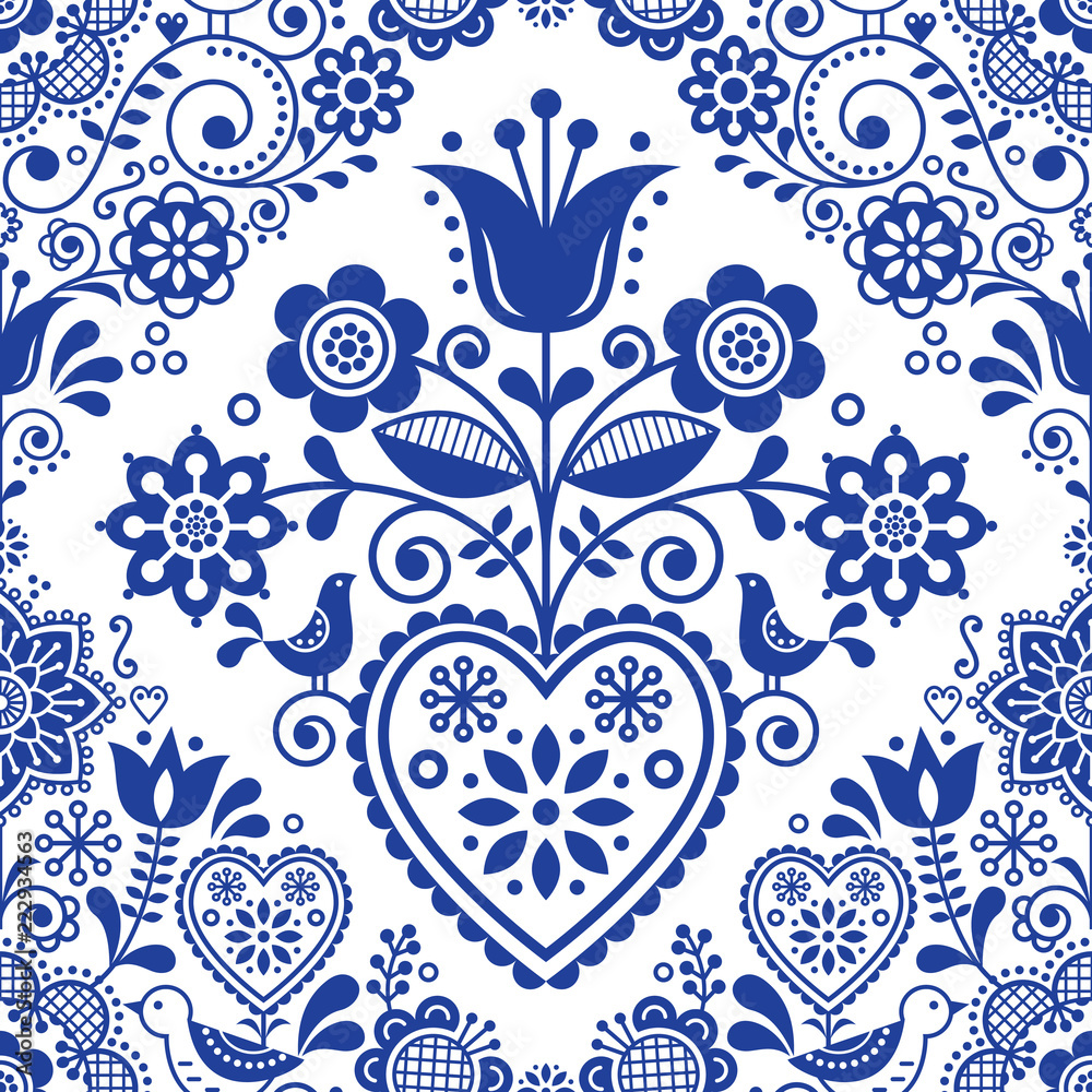 Photo & Art Print Seamless folk art vector pattern with birds and flowers, Scandinavian or Nordic, redkoala photo-art-print-seamless-folk-art-vector-pattern-with-birds-and-flowers-scandinavian-or-nordic-redkoala