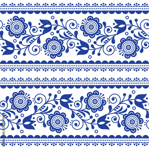 	
Scandinavian style seamless vector pattern with flowers, Nordic folk art repetitive navy blue ornament - horizontal stripes