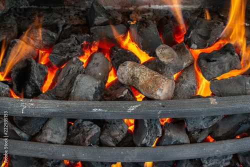 Close of burning firewood in the fireplace.