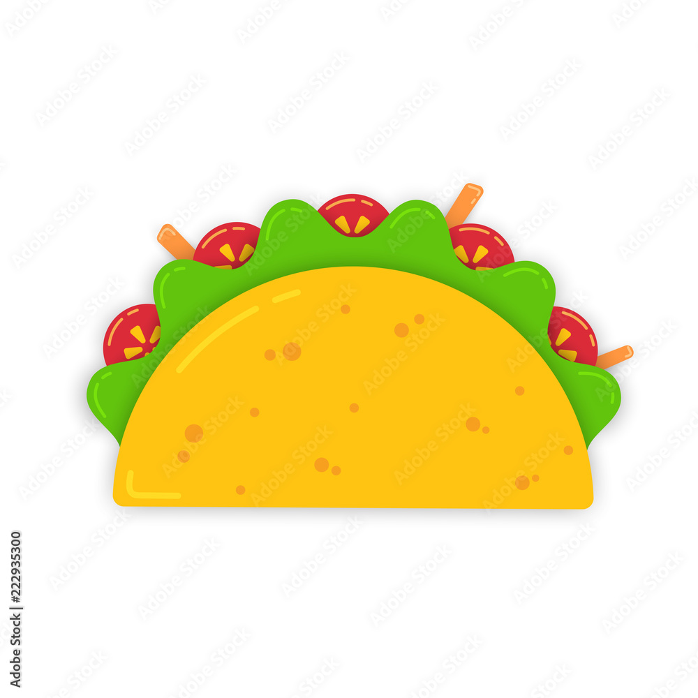 Traditional mexican snack food taco drawing. Tasty beef or chicken meat,  salad, tomato and carrot sticks in delicious tacos isolated on white  background. Vector illustration for cafe festival menu Stock Vector