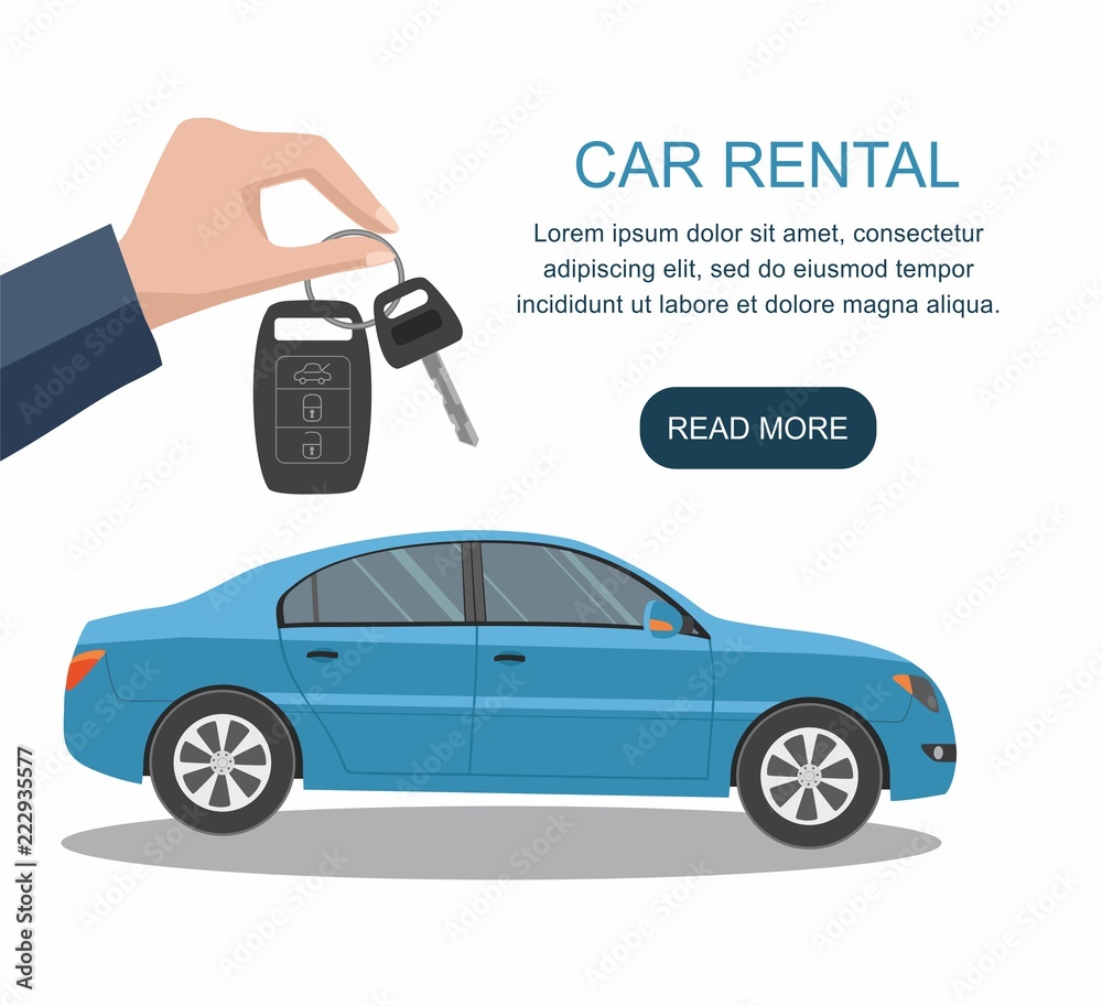 Man's hand holding modern car keys ready for rental blue car. Web banner