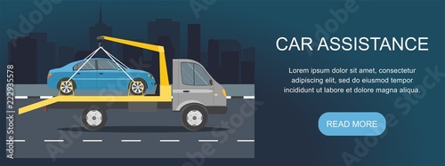Road assistance. Car evacuator with car on background of night city. 