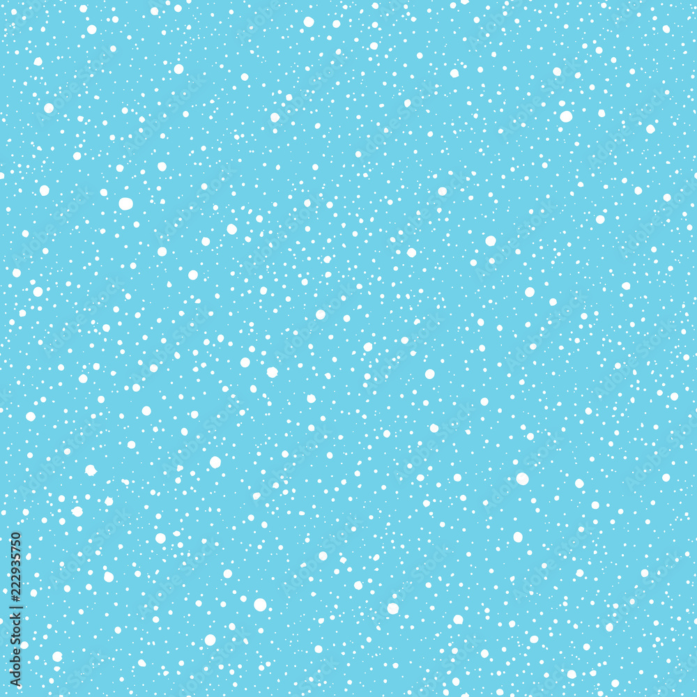 Falling snow, round hand drawn snowflakes of various size vector seamless pattern. Splash, blobs, specks, flecks, splatter, tiny spots background. Winter, Christmas snowfall hand drawn spray texture.