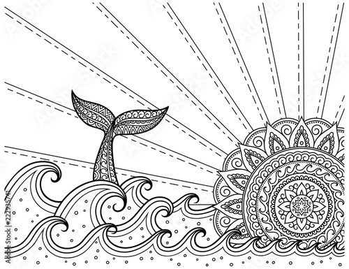 Whale diving into sea against the sunset. Coloring book page antistress - ocean landscape with waves, mandala in form of sun, fish tail.