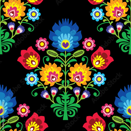 Seamless folk art vector pattern - Polish traditional repetitive design with flowers - wycinanki lowickie
 