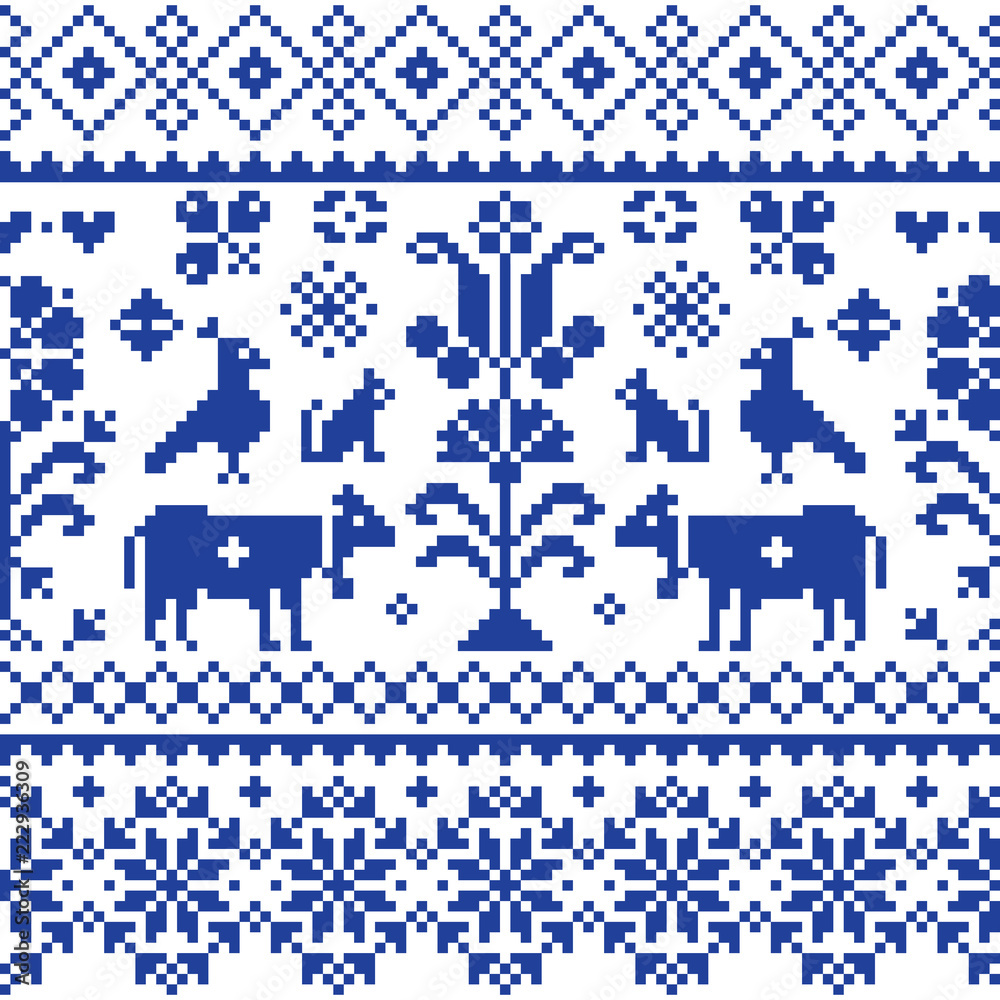 Cross stitch vector seamless folk art pattern - repetitive background  inspired Swiss old style retro embroidery with flowers and animals  Stock-Vektorgrafik | Adobe Stock