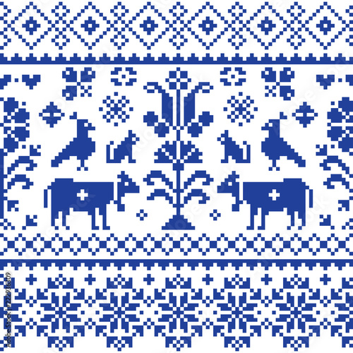 Cross stitch vector seamless folk art pattern - repetitive background inspired Swiss old style retro embroidery with flowers and animals