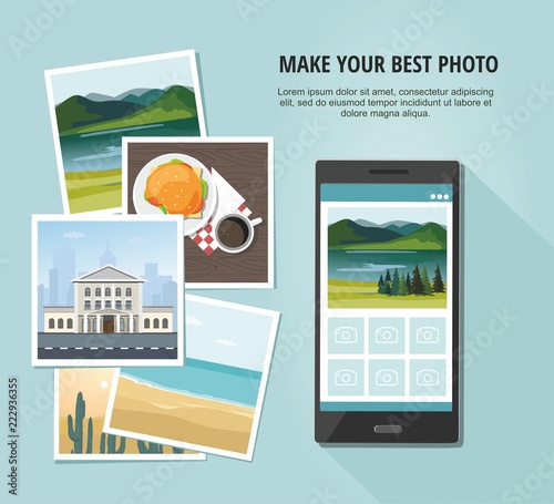 Mobile photography concept.   
Different Photo with smartphone Isolated on blue background.