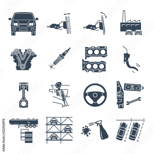 set of black icons servicing, maintenance of car and automobile