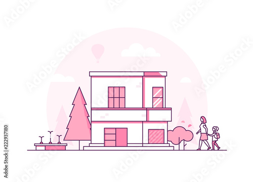 Two storey building - modern thin line design style vector illustration