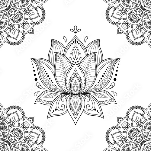 Seamless decorative pattern in ethnic oriental style. Mandala and Lotus flower in mehndi style.