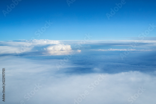 Blue sky and clouds background with lots of copy space.