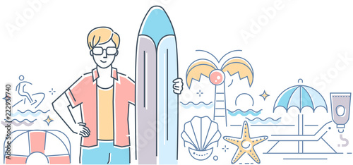 Surfing - modern colorful line design style illustration