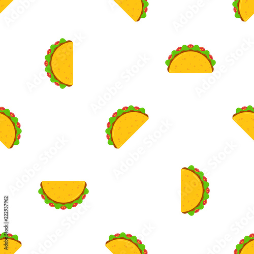 Mexican taco tuesday festival seamless pattern. Delicious fastfood yellow tacos with beef and chicken, green salad and red tomato on white background for cafe party, restaurant season offer design