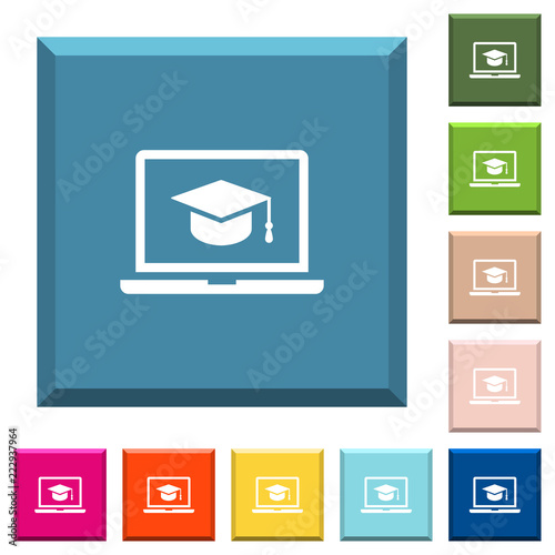 Webinar on laptop white icons on edged square buttons