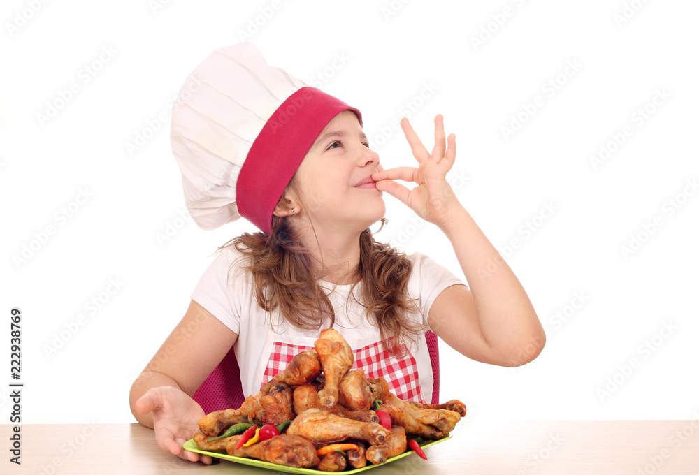 happy little girl cook with chicken drumstick and ok hand sign happy little girl cook with chicken drumstick and ok hand sign