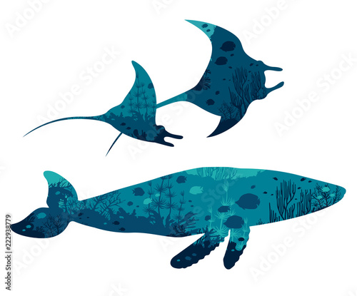 Silhouette of whale and mantas with coral reef and fishes