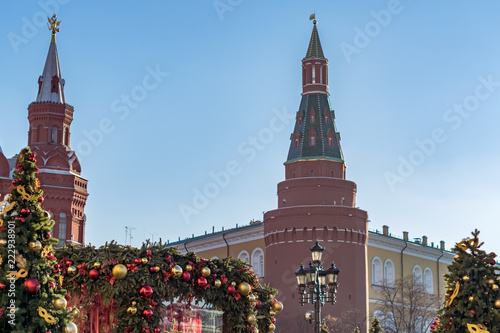 Arsenal angular tower of Moscow Kremlin and christmas decorations. Winter holidays in Russia