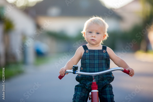 Cute toddler child, boy, playing with tricycle on street, kid riding bike on sunset