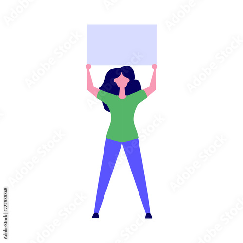 Activist woman or Protester holding blank banner.  Flat style  Vector illustration.
