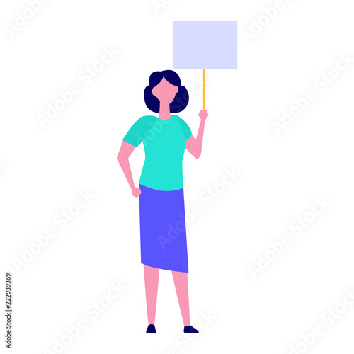 Activist woman or Protester holding blank banner.  Flat style  Vector illustration.
