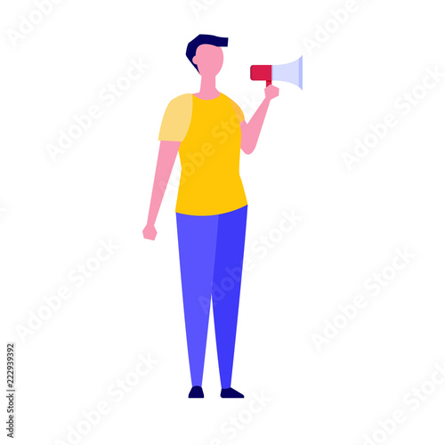 Activist or Protesters man holding loudspeaker.  Flat style  Vector illustration.
