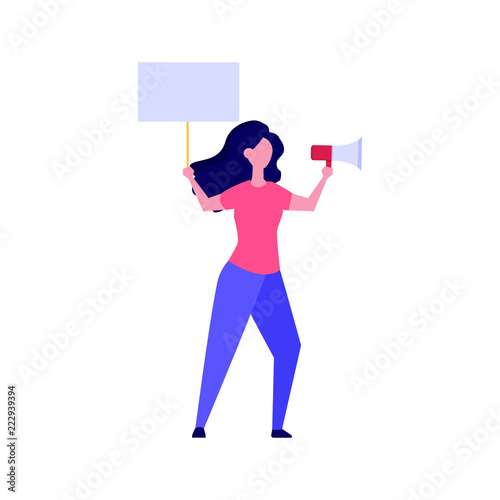 Feminist activist holding blank banner and loudspeaker.  Vector illustration.