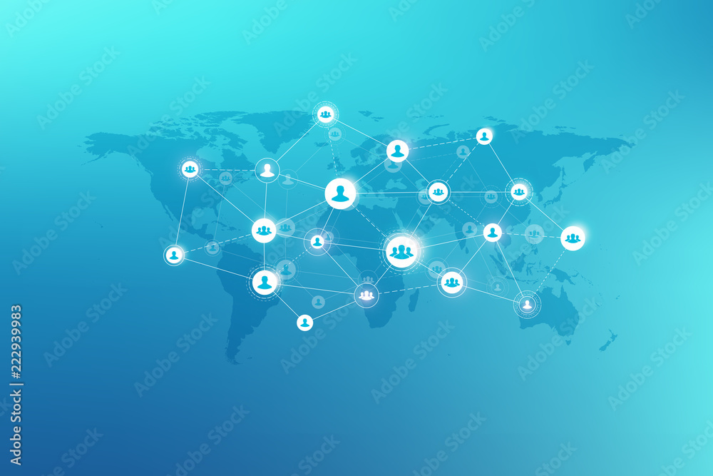 Fototapeta premium Social media network and marketing concept on World Map background. Global business concept and internet technology, Analytical networks. Vector illustration