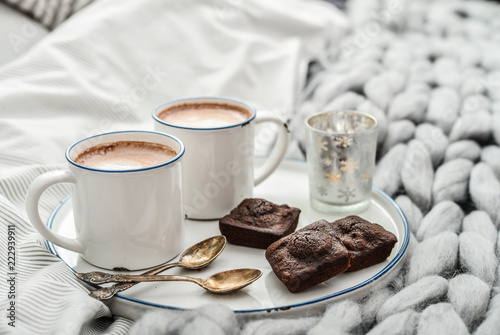 Tray with two cups of hot chocolate