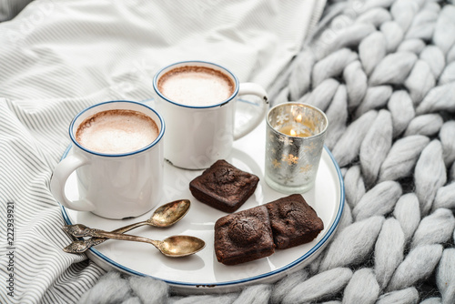 Tray with two cups of hot chocolate