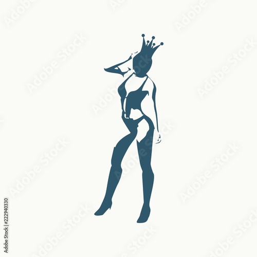 Beautiful sexy fitness girl. Pretty woman wearing swimsuit and crown. Lady rise her hand to the head. Front view.