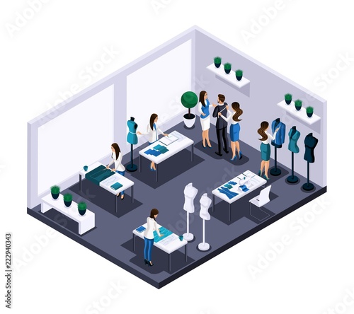 Isometric tailor room atelier process of sewing workshop work, customer service, tailoring, sketching, cutting. The entrepreneur working for himself, his own business