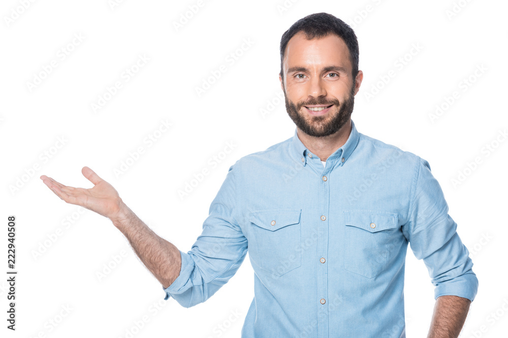 man presenting something isolated on white man presenting something isolated on white