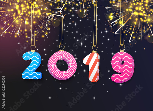 Happy 2019 New Year greeting card with firework.