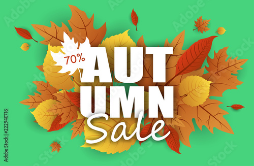 Green autumn 70% sale poster with beautiful leaves.