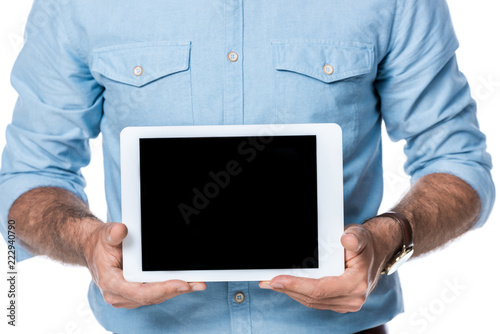 man holding digital tablet with blank screen isolated on white