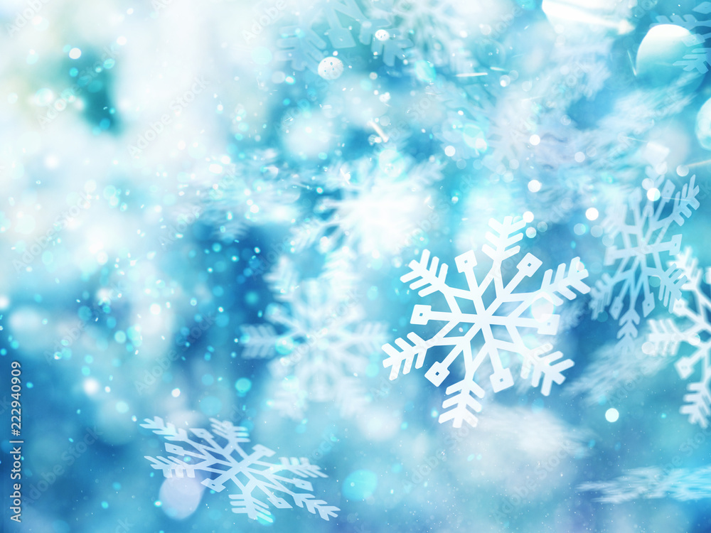 Abstract glowing Christmas blue background with snowflakes