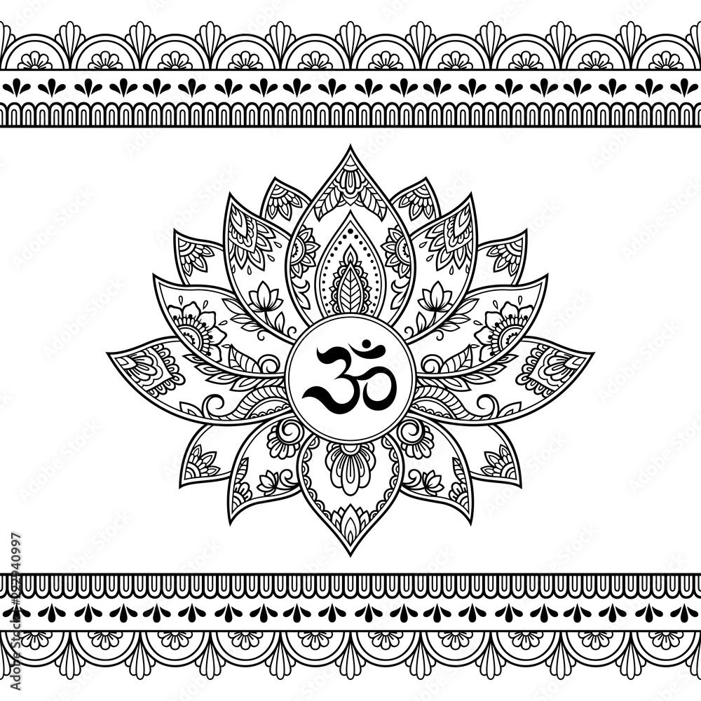 Mehndi Lotus flower pattern with mantra OM symbol and seamless border for  Henna drawing and tattoo. Decoration mandala in ethnic oriental, Indian  style. Stock Vector | Adobe Stock