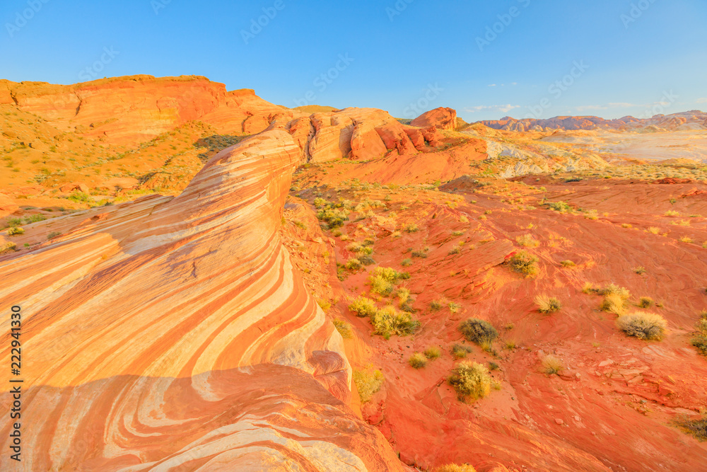The coloful striped at red sunset of Fire Wave Hike at Valley of Fire ...
