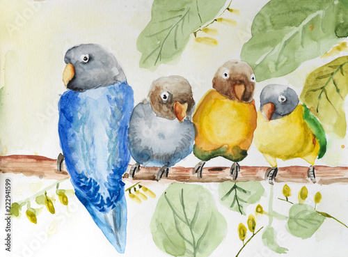 Watercolor painting of birds on branch