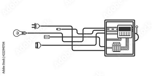 Electrical panel, switch with wires, electric meter in box on white background.
