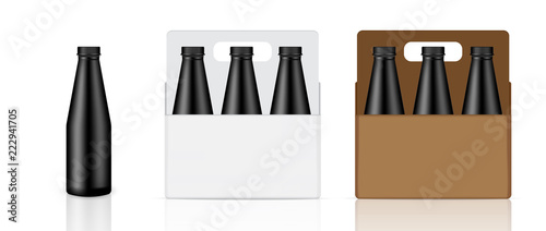 Mock up Realistic Black Bottle, Carton, Box And Packaging Drink Product For Milk or Water Juice isolated Background.