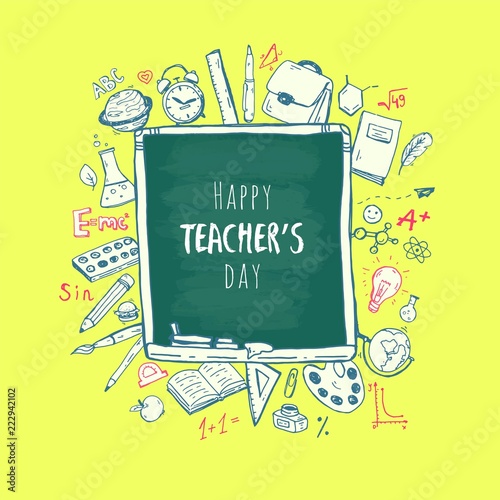 Happy teacher's day. Vector postcard with hand drawm elemets.