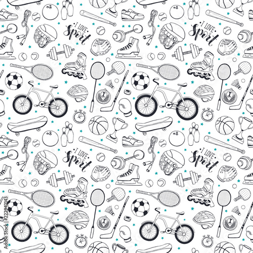 Seamless pattern from sport equipment in doodle style. Vector illustration. Hand drawn sport accessories on white background.