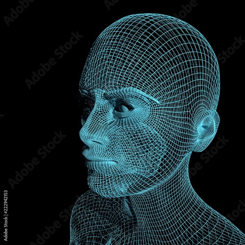 Young woman face from a 3d grid. Wire frame model. Polygonal geometric design. 3D rendering.