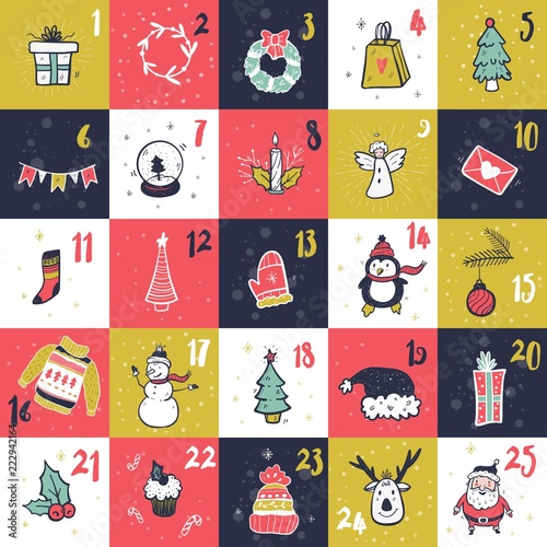 Christmas Advent calendar with hand drawn elements. Xmas Poster. Vector illustration