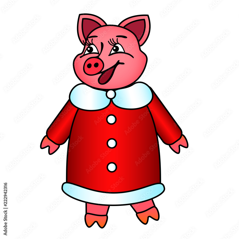 Symbol of the year Pig in new year's red fur coat smiling isolated on white background. Symbol of the year Pig in new year's red fur coat smiling isolated on white background.