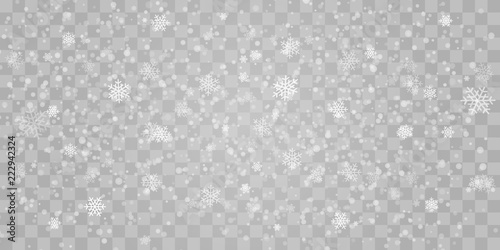 Vector heavy snowfall, snowflakes in different shapes and forms. Many white cold flake elements on transparent background. White snowflakes flying in the air. Snow flakes, snow background.